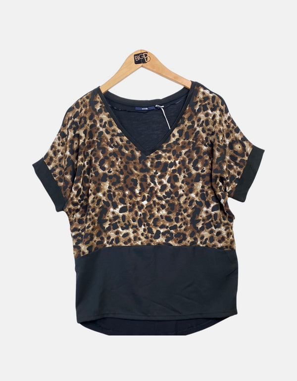 Leopard Print V-Neck Top with Black Contrast Hem